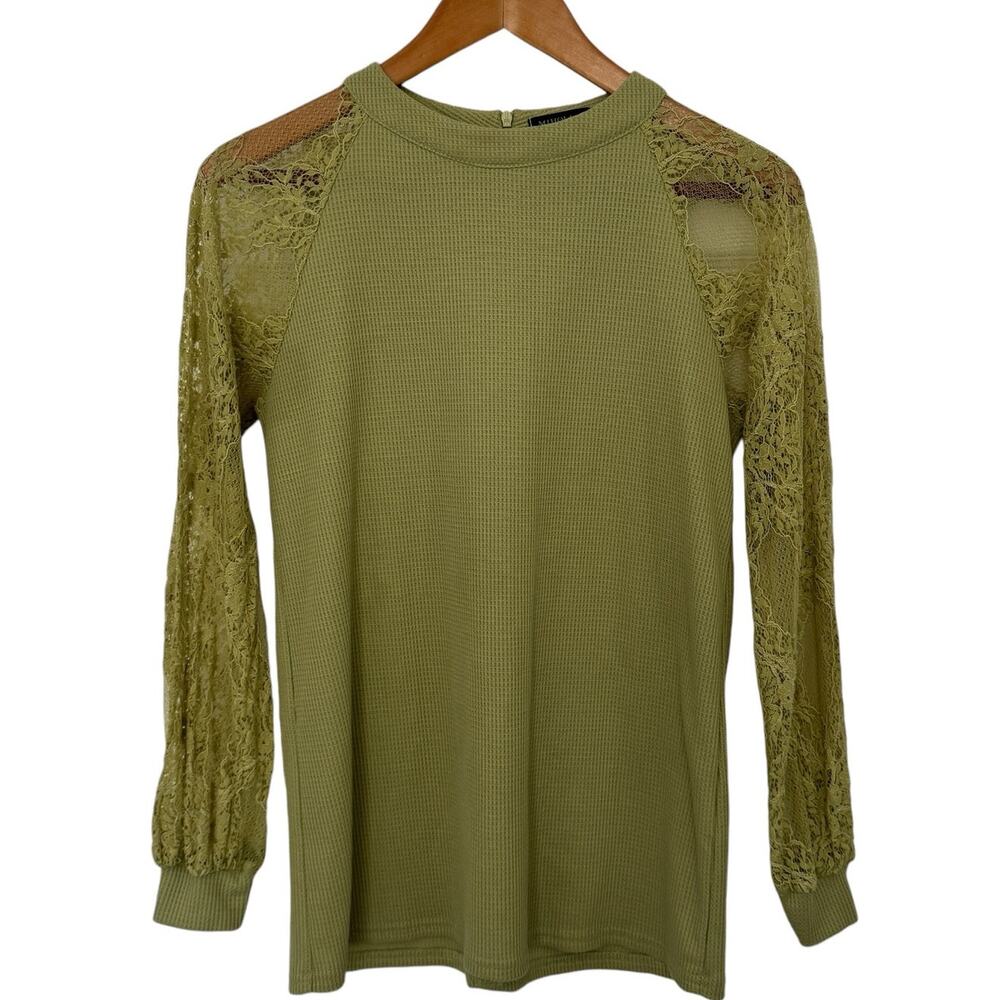 MIHOLL Olive Green Waffle Knit Top with Sheer Floral Lace Long Sleeve Size Small